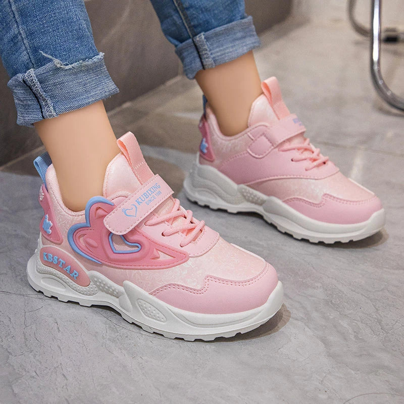 Heart-shaped Breathable Mesh Kids Girls Pink Sports Shoes