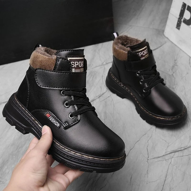 Kids Unisex High Top Fur And Laces Design Leather Shoes