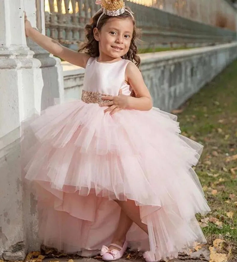 Tiered Tulle Princess Birthday Dress with Sequined Bow for Little Girls childrensterritory