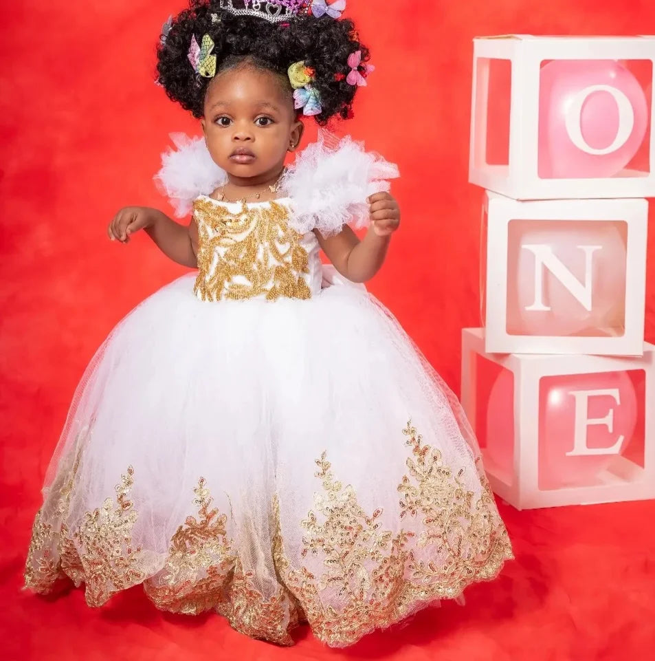 Girls' Gold Appliqued White Princess Dress For Birthday childrensterritory