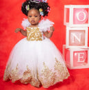 Girls' Gold Appliqued White Princess Dress For Birthday childrensterritory