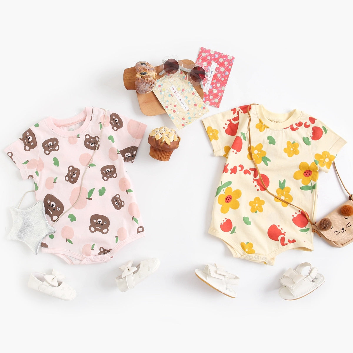 Baby Cartoon Print Short Sleeve Cotton Bodysuits childrensterritory