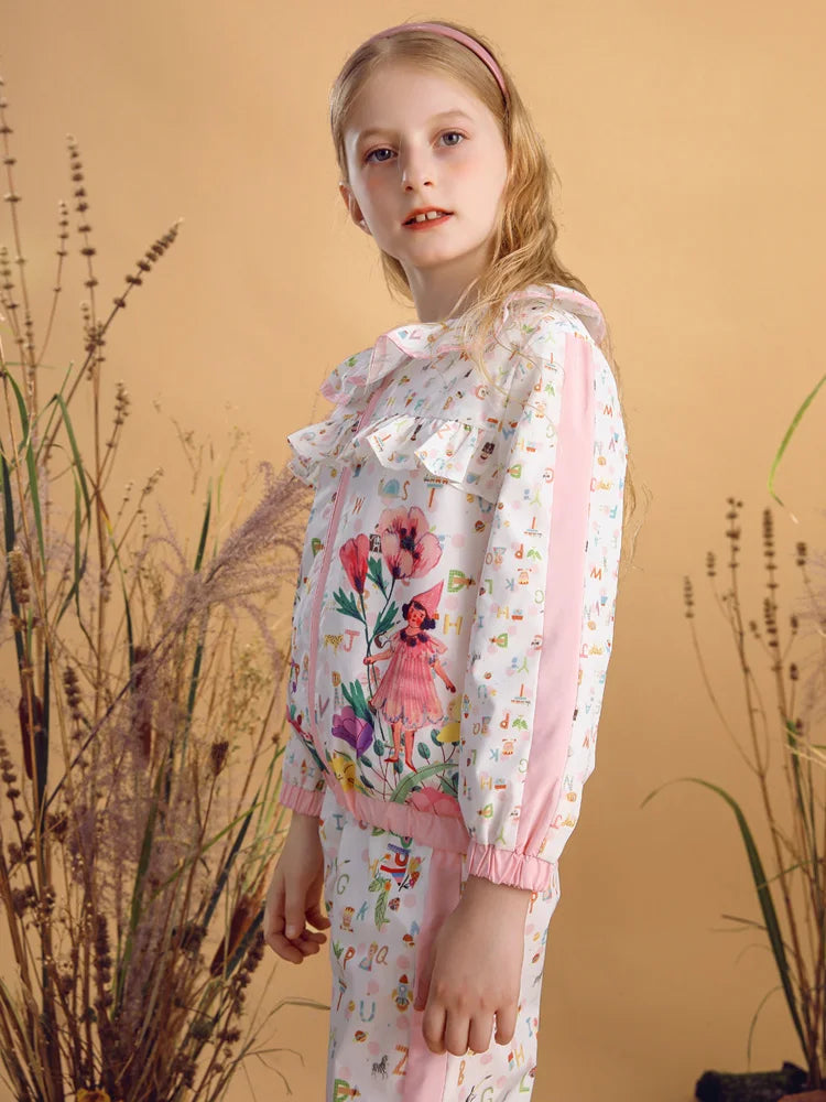 Little Girls Cartoon Flowers Print Cute Top and Pant Set childrensterritory