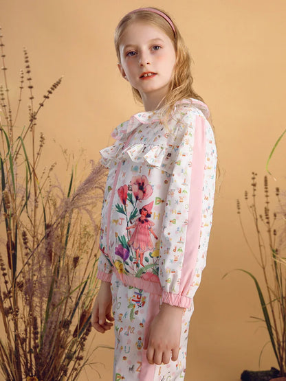 Little Girls Cartoon Flowers Print Cute Top and Pant Set childrensterritory