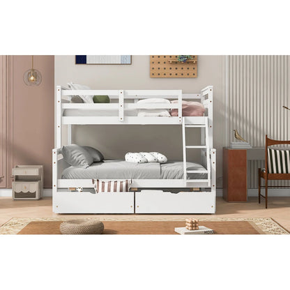 A Twin Over Bunk Bed Featuring Storage Drawers and Ladders