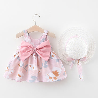 Baby Girl Floral Big Bow Designed Summer Dresses + Sunhat childrensterritory
