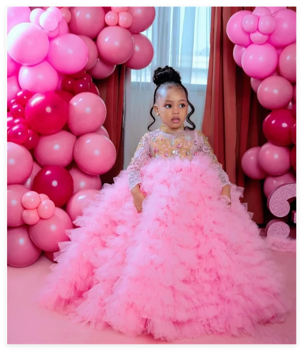 Multi-Tiered Tulle Pink First Communion Dress for Little Girls