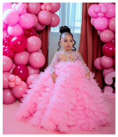 Multi-Tiered Tulle Pink First Communion Dress for Little Girls
