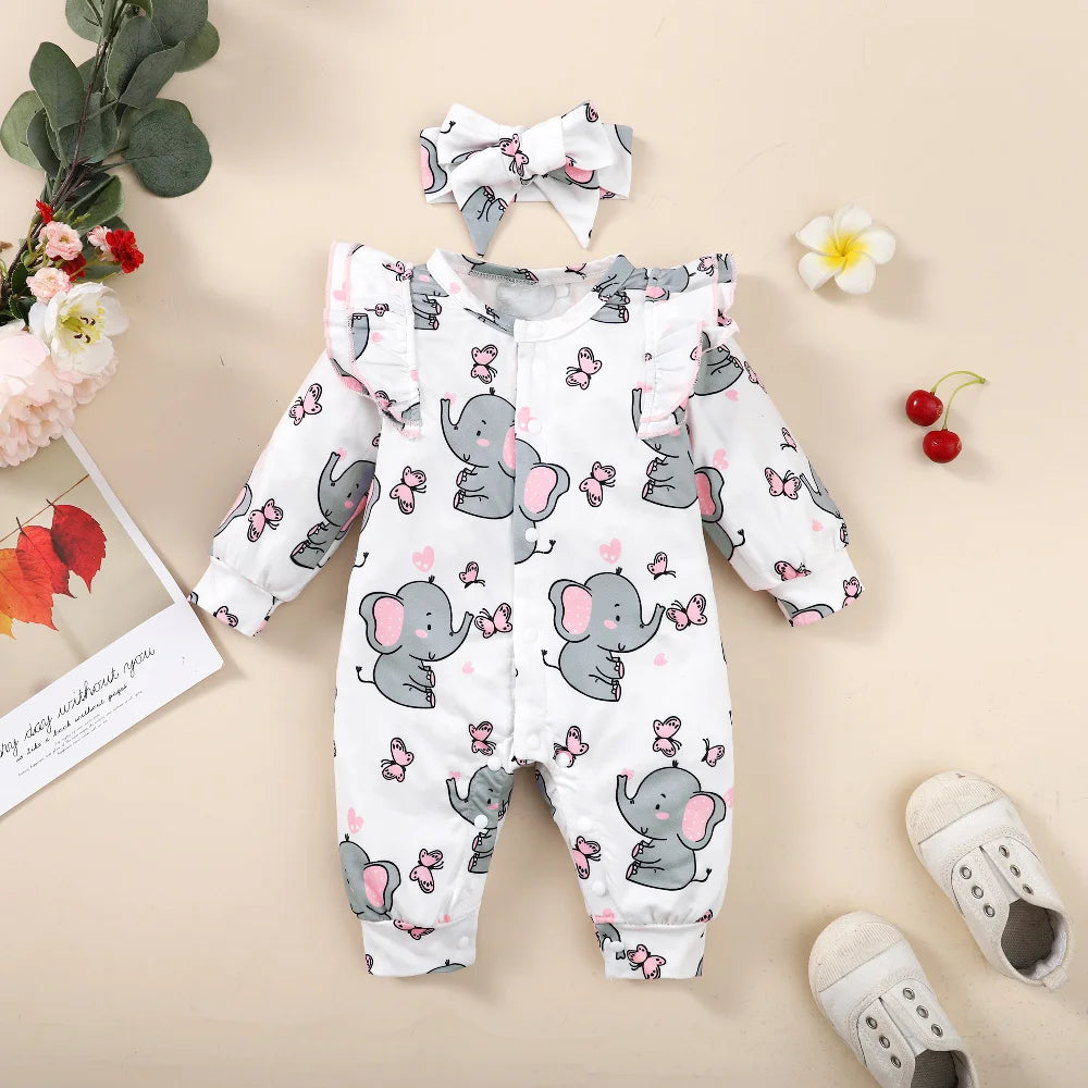 Long Sleeve Elephant Print Baby Girl Romper