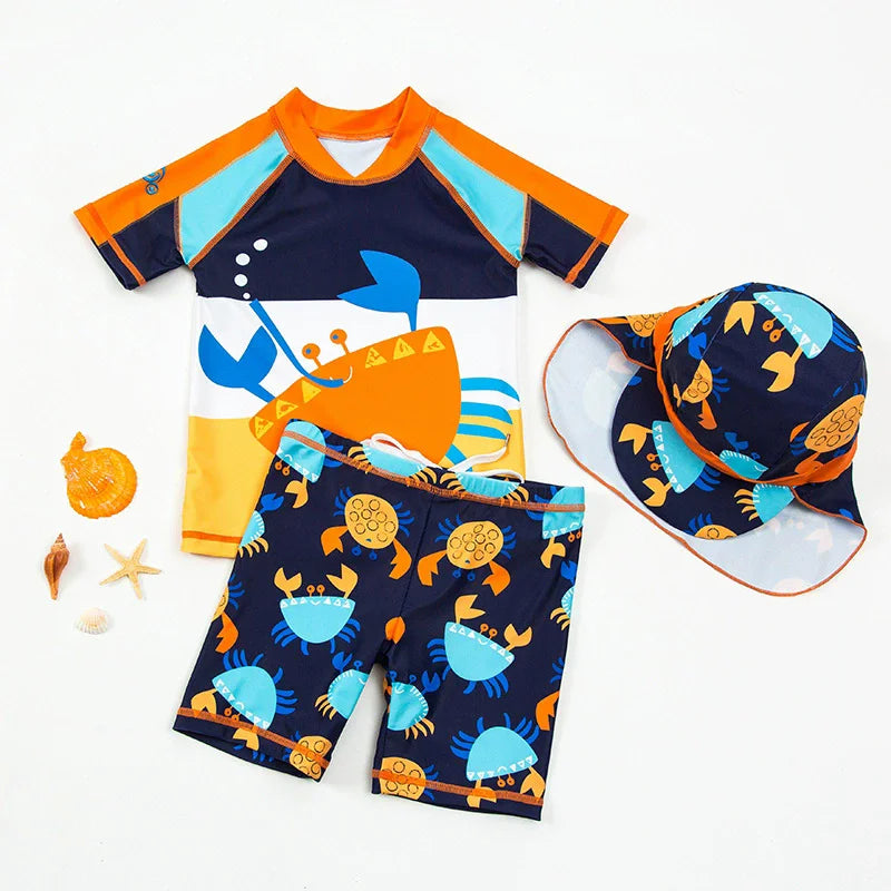 Cartoon Print Short Sleeve 3pcs Swimwear with Hat for Little Boys