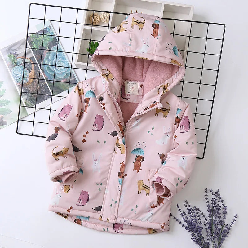 Animal Printed Windproof Kids Girls Warm Fleece Jackets childrensterritory