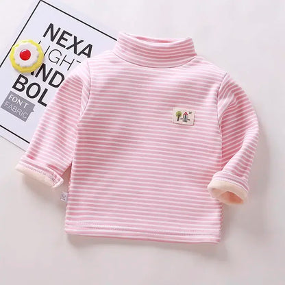 Kids Korean Style Turtleneck Striped Design Velvet Winter T-shirts childrensterritory