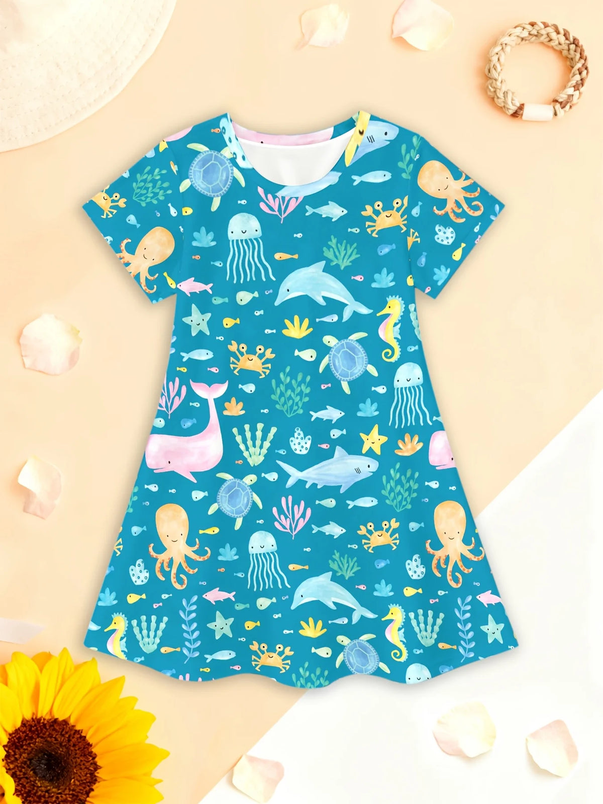 Kids Sea World Print Short Sleeve Dress for Girls
