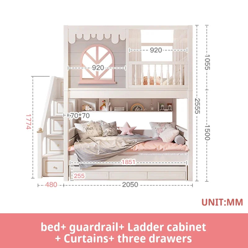 Beautiful Kids Bunk Beds with Large Storage Space and Guardrail