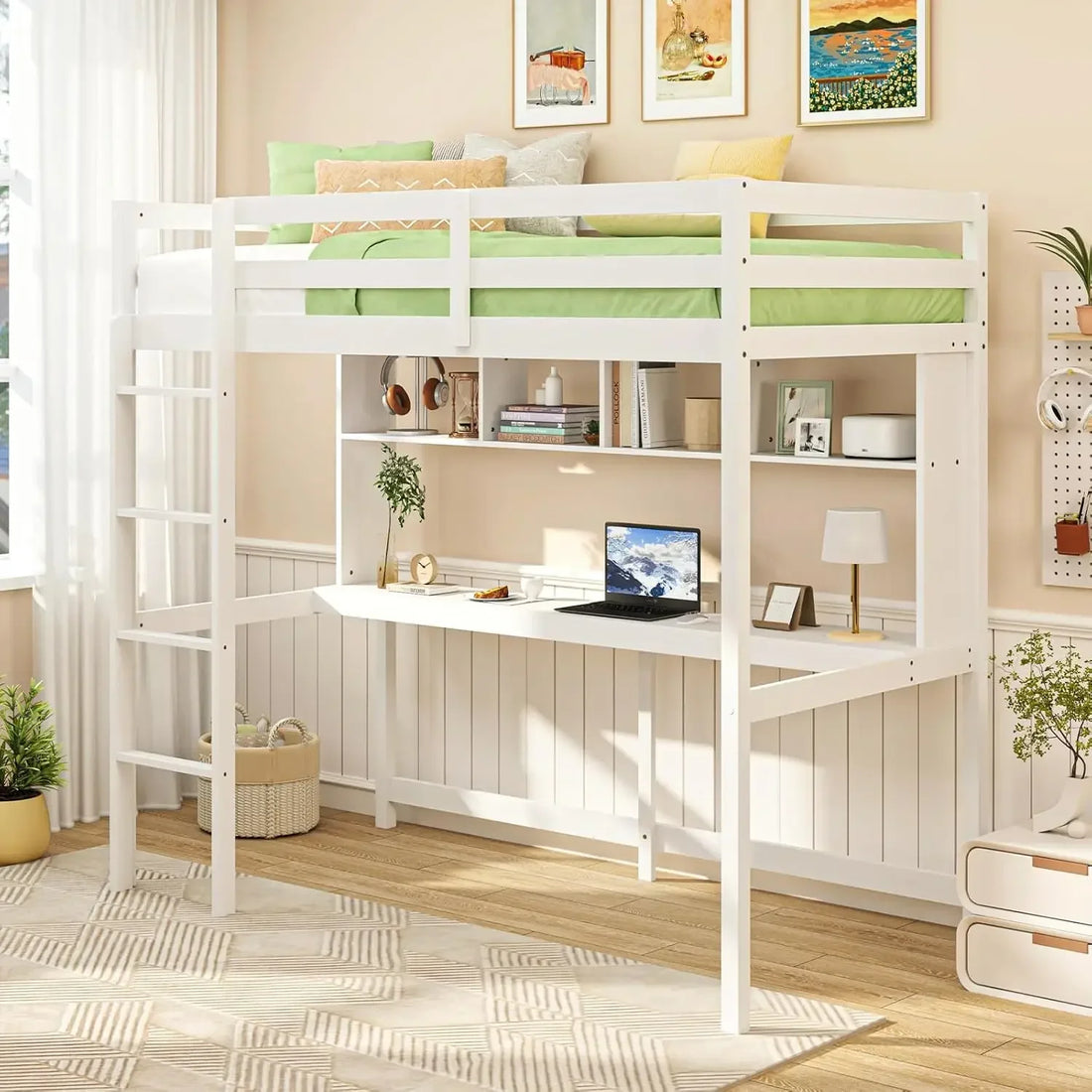 Simple Design Twin Loft Bed with Built-in Desk and Stairs