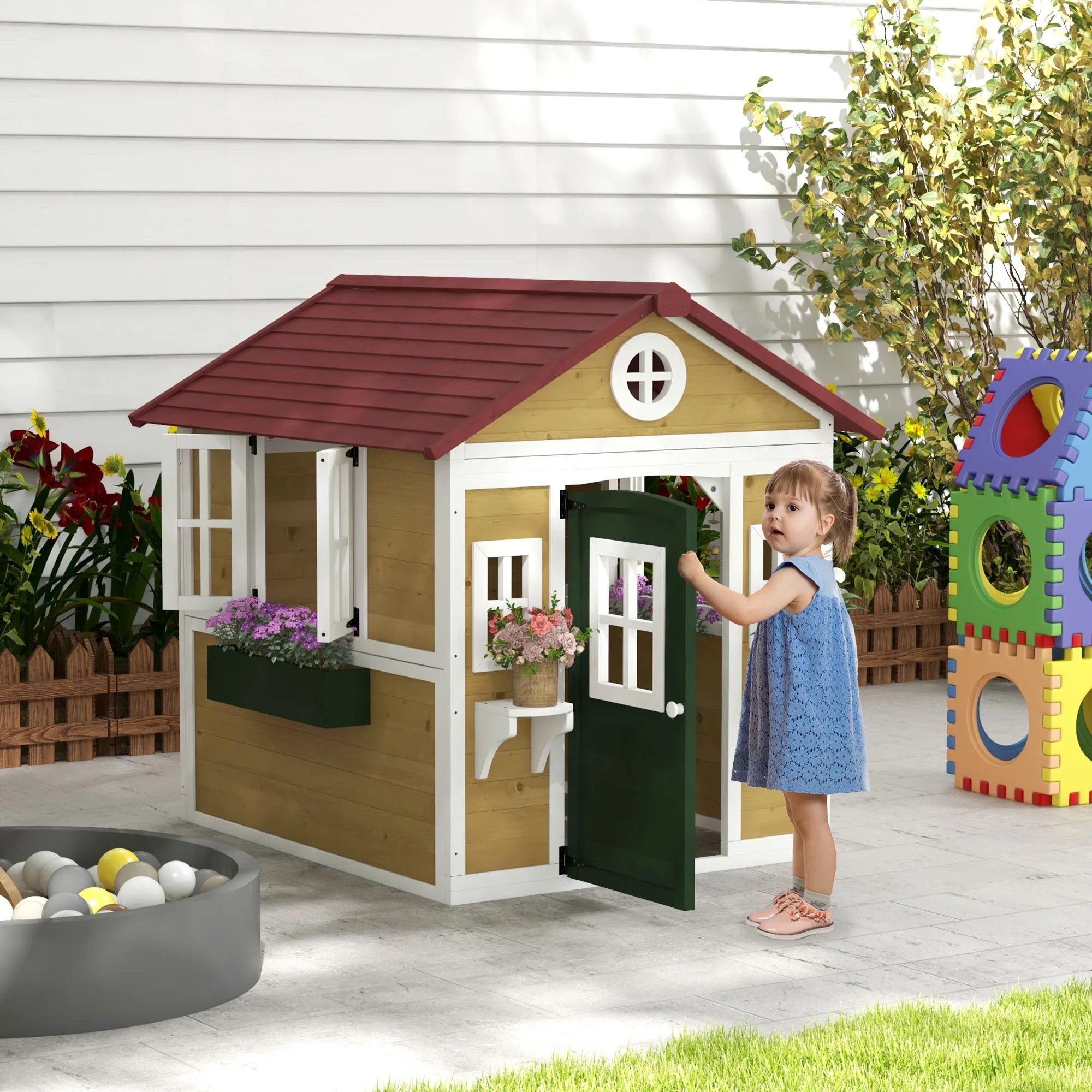 Kids Wooden Playhouse with Windows and Doors for Outdoor