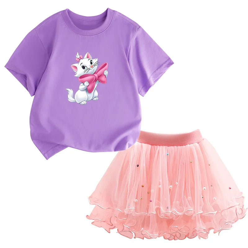 Kids Girls Marie Cat Design Summer T-shirt &amp; Tutu Skirt Set childrensterritory