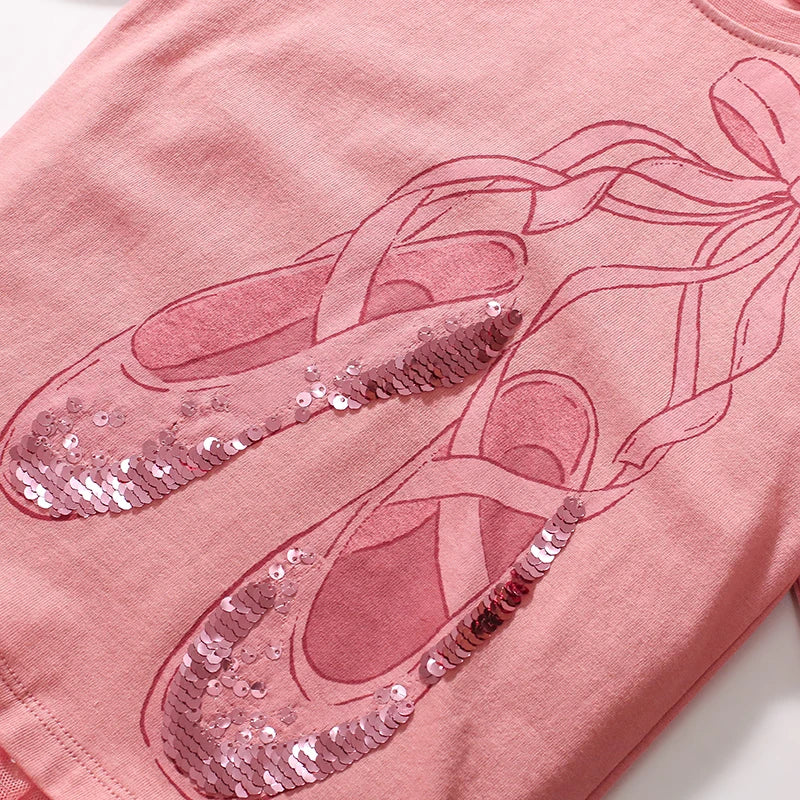 Girls Cartoon Sequin Ballet Shoes Design Cotton Top childrensterritory