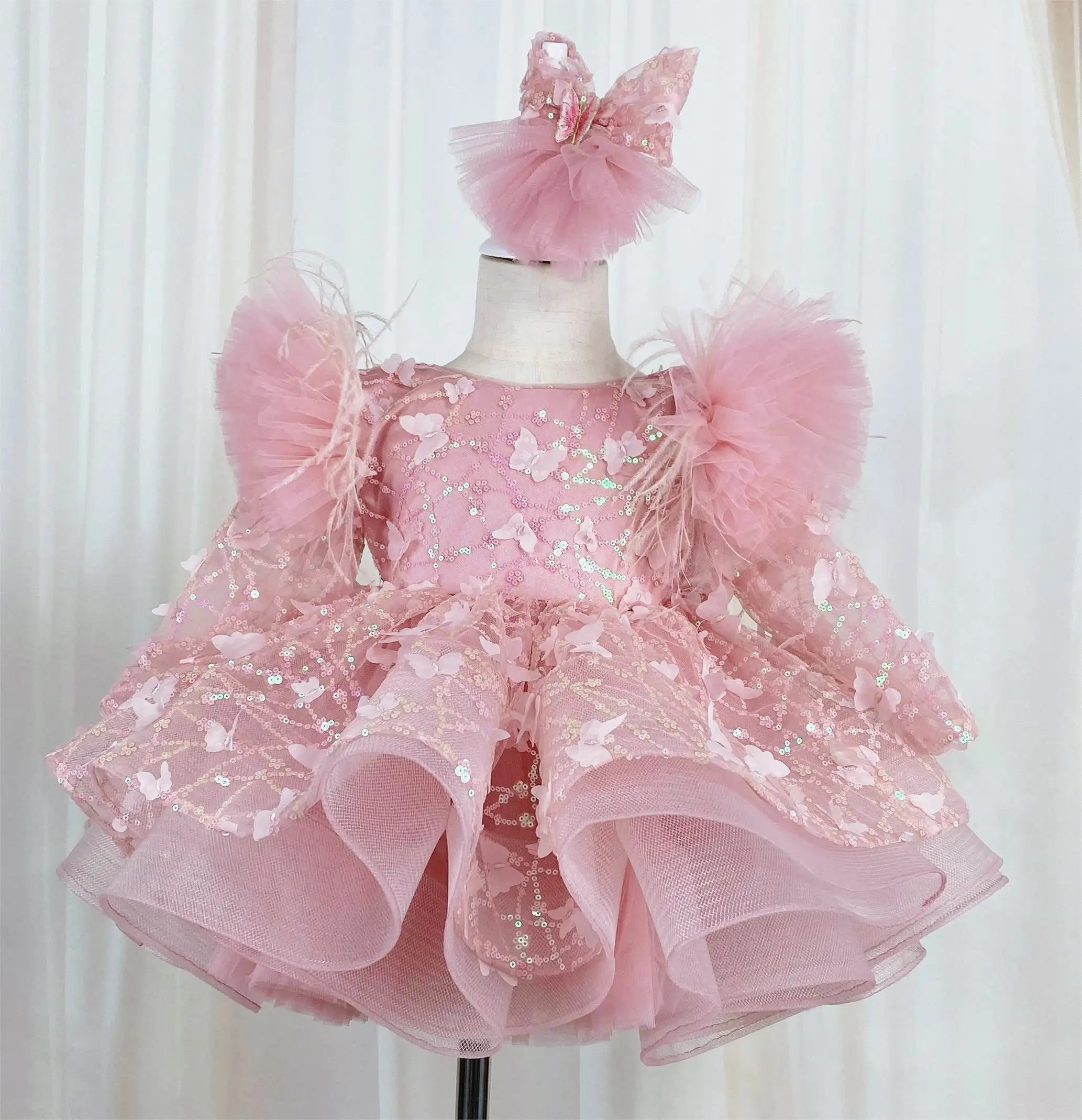 Girls Long Sleeves Butterfly Design Fluffy Party Dresses