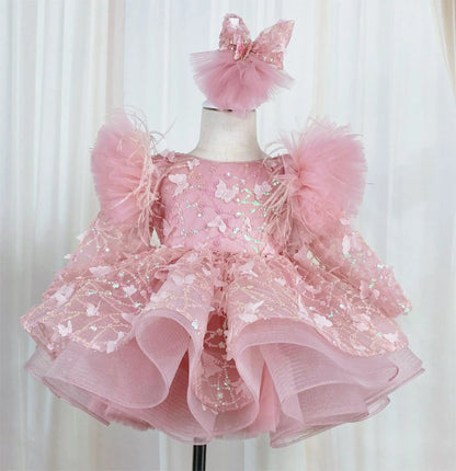 Girls Long Sleeves Butterfly Design Fluffy Party Dresses childrensterritory
