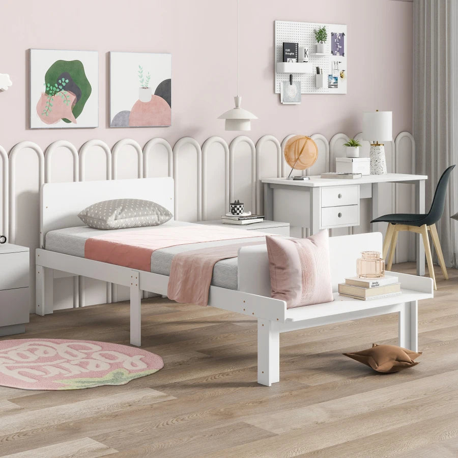 Easy-to-Assemble Twin Bed with Footboard Bench for Kids childrensterritory