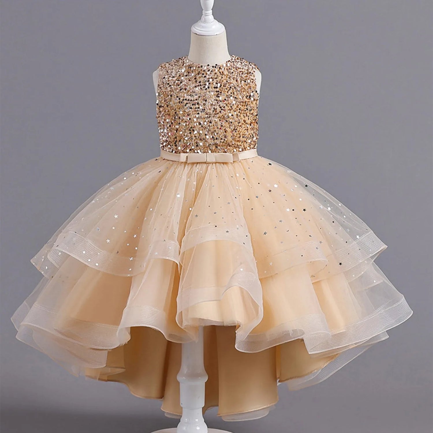 Sleeveless Sequins Design Kids Girls Party Trailing Dresses