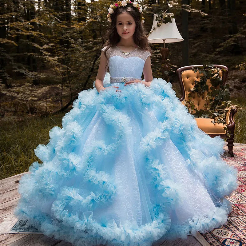 Puffy Layered Tulle Lace Appliques Girls Party Dresses