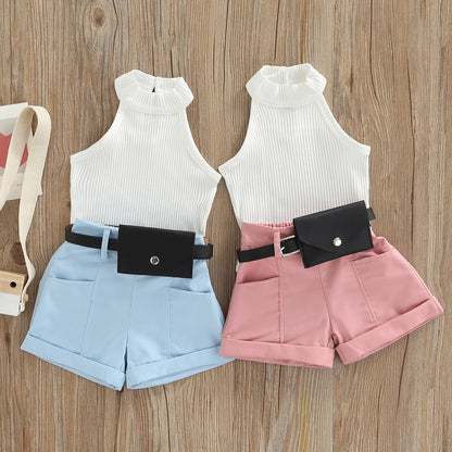 Little Girl Three-Piece Sleeveless Top + Belted Short Pants Outfit childrensterritory