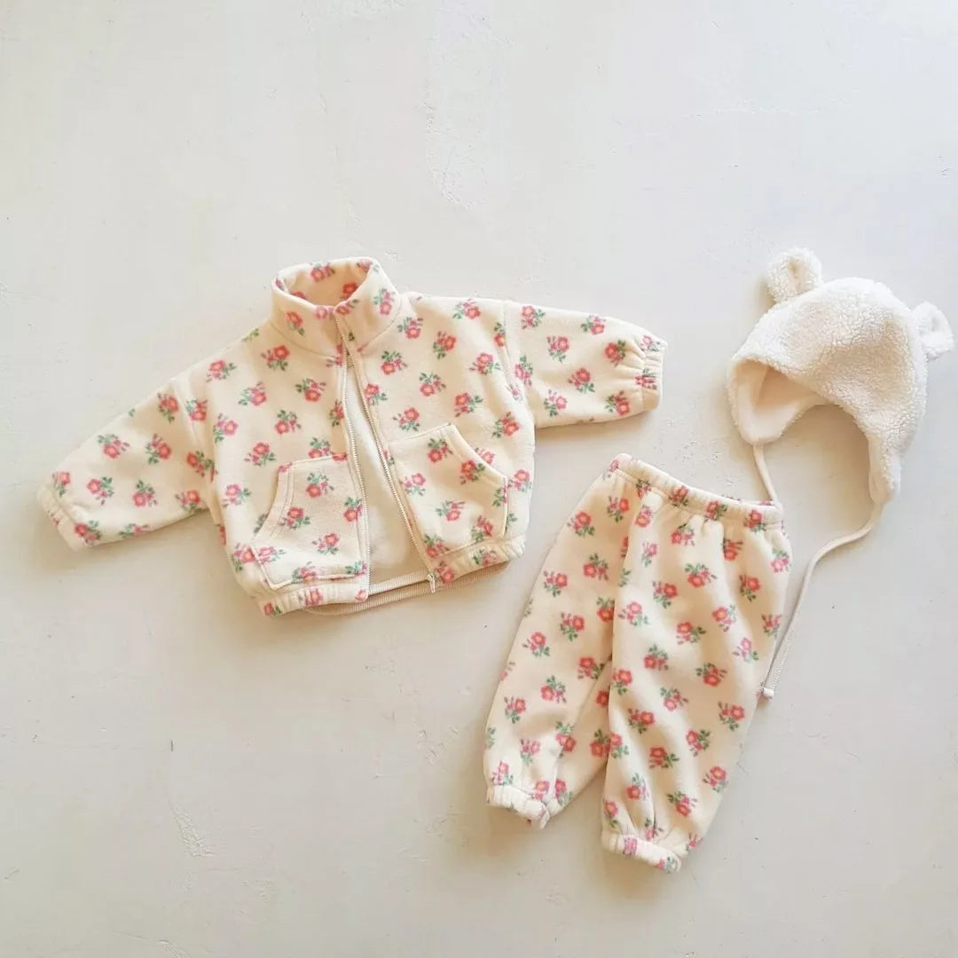 Turtleneck 2pcs Floral Print Thick Warm Baby Clothing Set childrensterritory