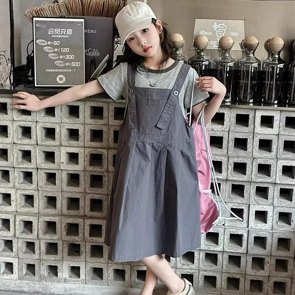 Kids/Teen Girls Solid Color Top and Dress Set for Summer