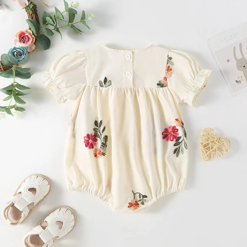 Baby Girl Floral Puff Sleeve Embroidered Bodysuit Sets