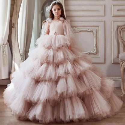 Kids Girls Tiered Tulle Bow Shoulder Design Dresses For Birthday/Prom childrensterritory