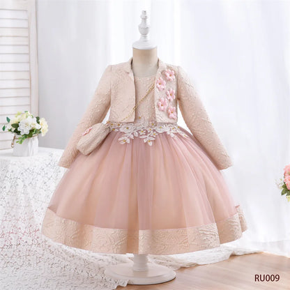 Kids Girls 3pcs/set Jacquard Pattern 3D Appliques Birthday Dresses