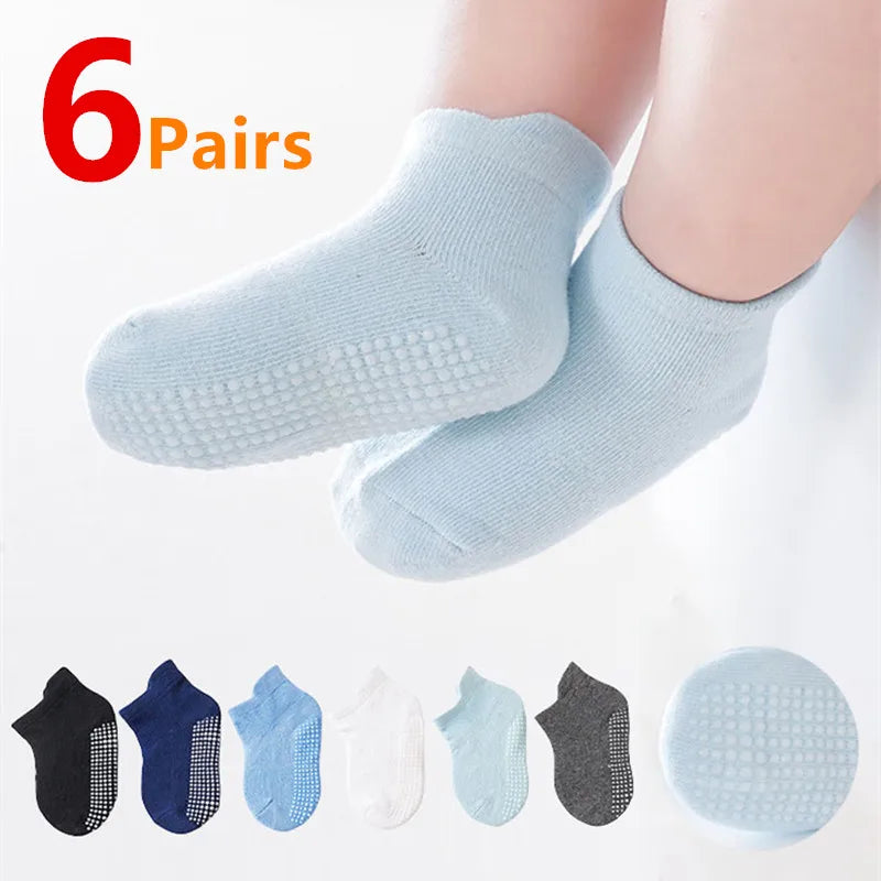 Kids Anti-Slip 6Pairs/Lot Cotton Boat Socks With Rubber Grips