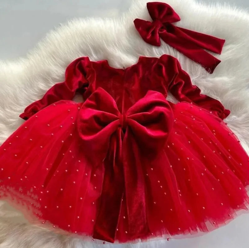 Little Girls Long Sleeve Bow-Decorated Velvet Tutu Party Dresses