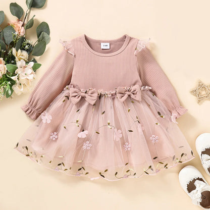 Bowknot Floral Embroidered Mesh Dress for Baby Girl&