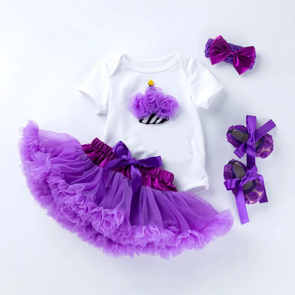 Baby Girls 4Pcs Birthday Outfit Sets/Ruffle Skirts+Romper