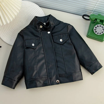 Stylish Kids Boys Girls Solid Color Leather Jackets childrensterritory