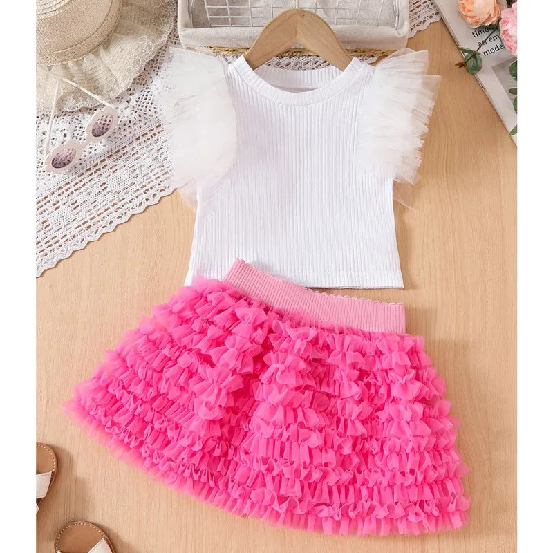 Kids Girls Flying Sleeve Top+gauze Skirt 2pcs Summer Set