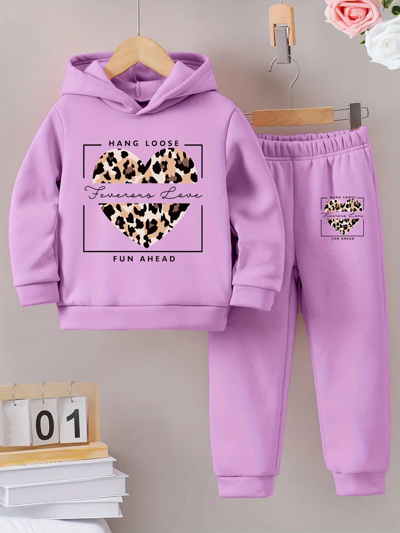 Little Girls' Fall/Winter Warm Printed Hoodie and Sweatpants Set
