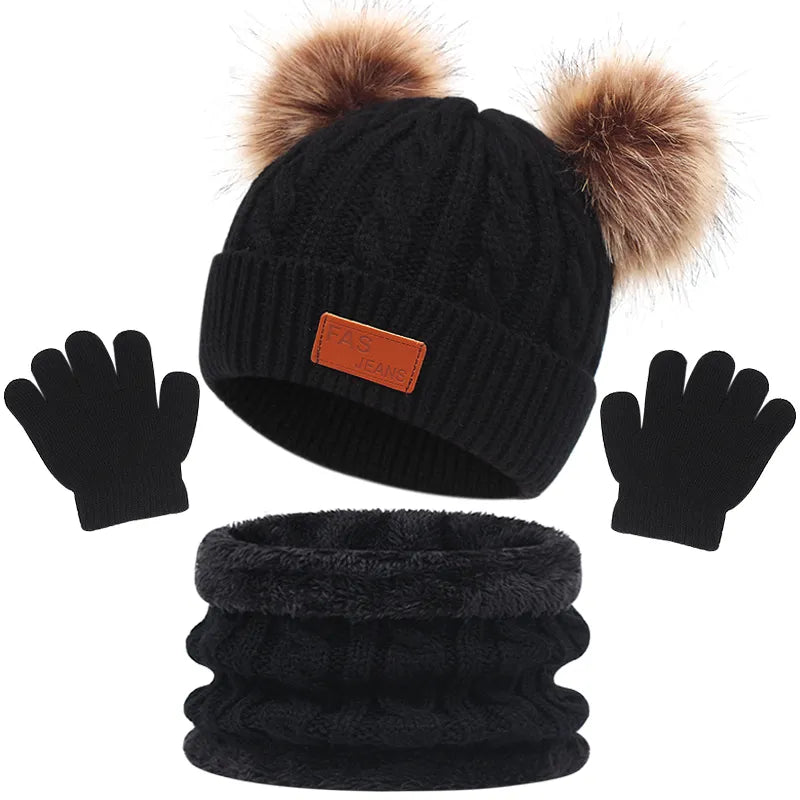 Toddler 3Pcs Cute Pompom Knitted Hats Scarf Gloves Set childrensterritory