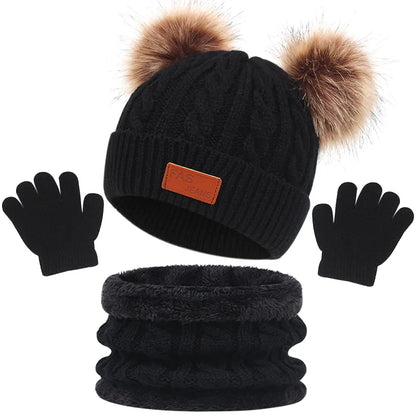 Toddler 3Pcs Cute Pompom Knitted Hats Scarf Gloves Set childrensterritory