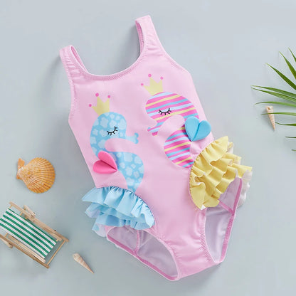 Cartoon Seahorse Print Sleeveless Kid Girl Swimsuit