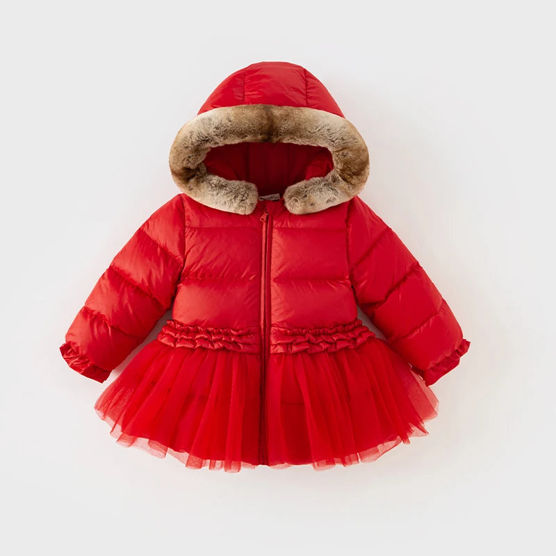 Kids Girls Red Fur Collar Warm Hooded Princess Outerwear childrensterritory
