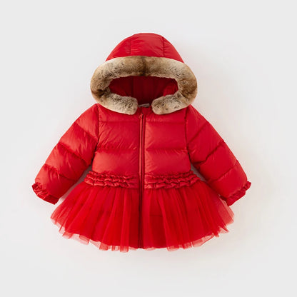 Kids Girls Red Fur Collar Warm Hooded Princess Outerwear childrensterritory