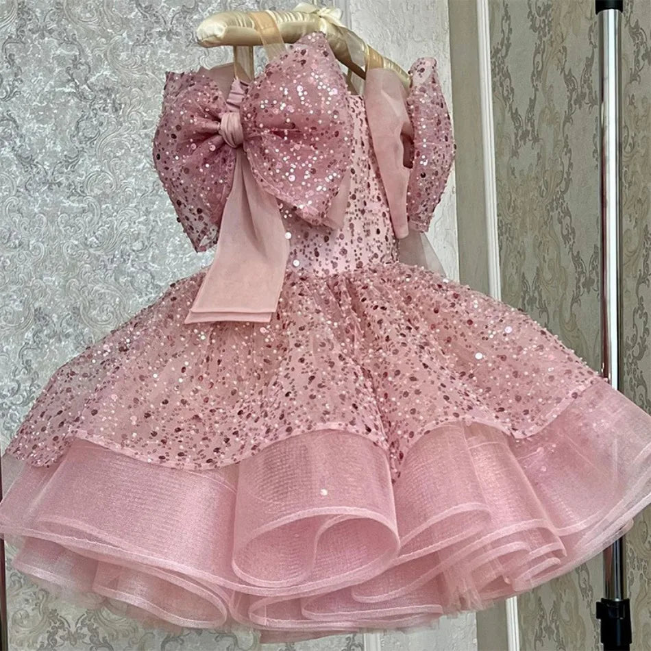 Pink Glitter Tiered Tutu Princess Birthday Party Prom Gown