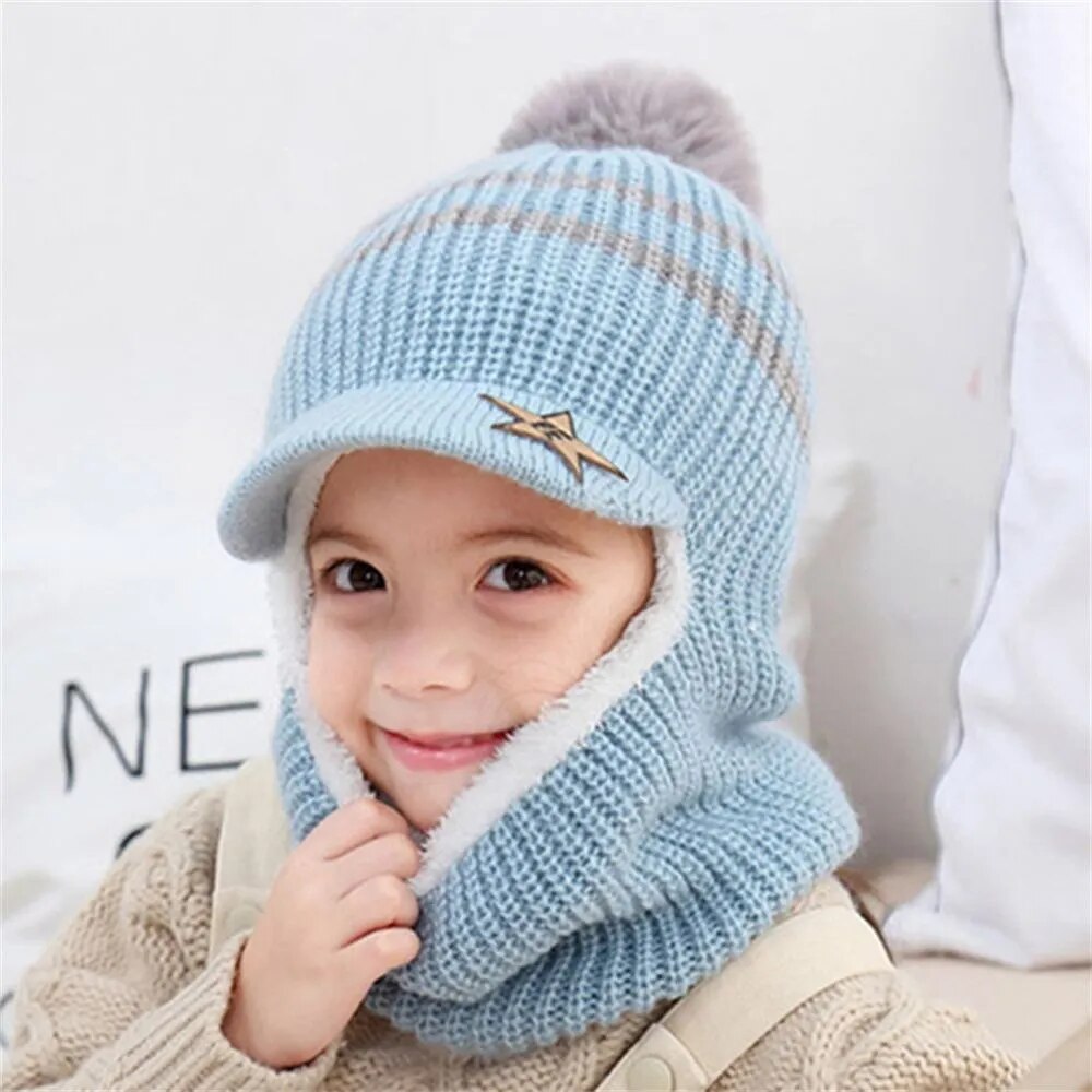 Kids Warm Knitted Plus Fleece Beanie with Face Cover childrensterritory