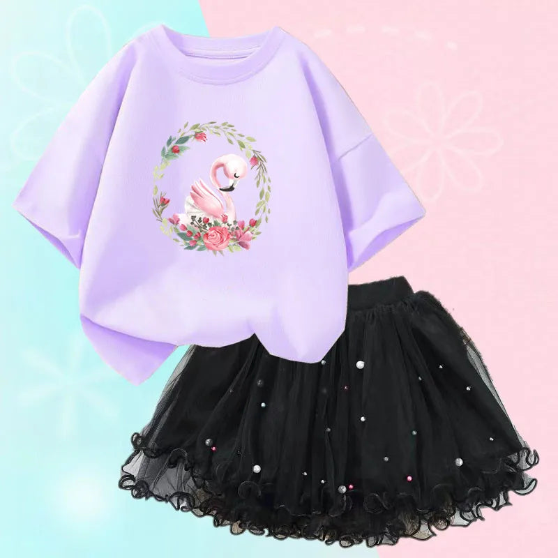 Kids Girls Flamingo T-Shirt &amp; Mesh Skirt Pretty Outfits childrensterritory