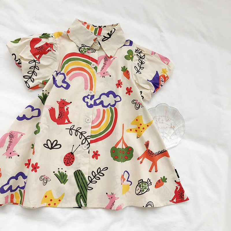 Kids Girl Short Sleeve Rainbow Graffiti Print Summer Dress childrensterritory