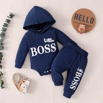 "Little Boss" Print Baby Boy Hooded Clothing Set
